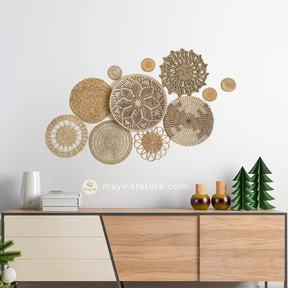 Set of 11 Rattan Basket Wall Decor
