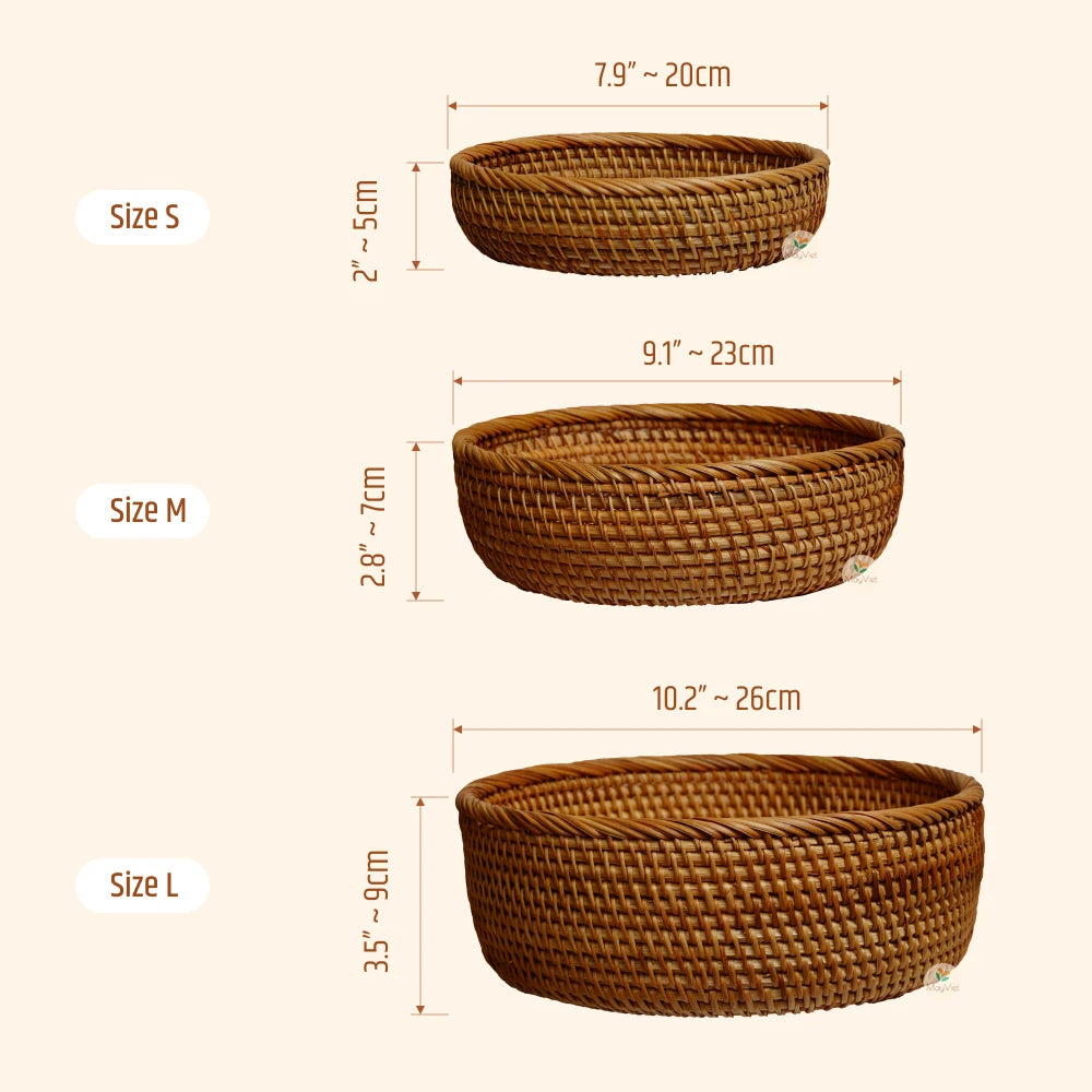 Set of 3 Rattan Round Basket Bowl
