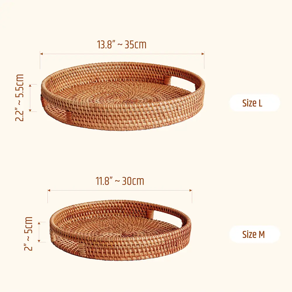 Stackable Round Rattan Wicker Basket Tray with Handles