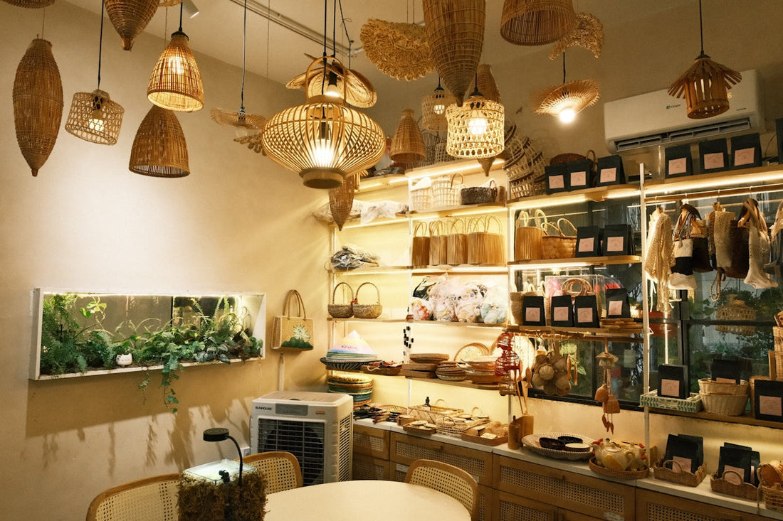 Cozy shop interior with woven lamps and shelves