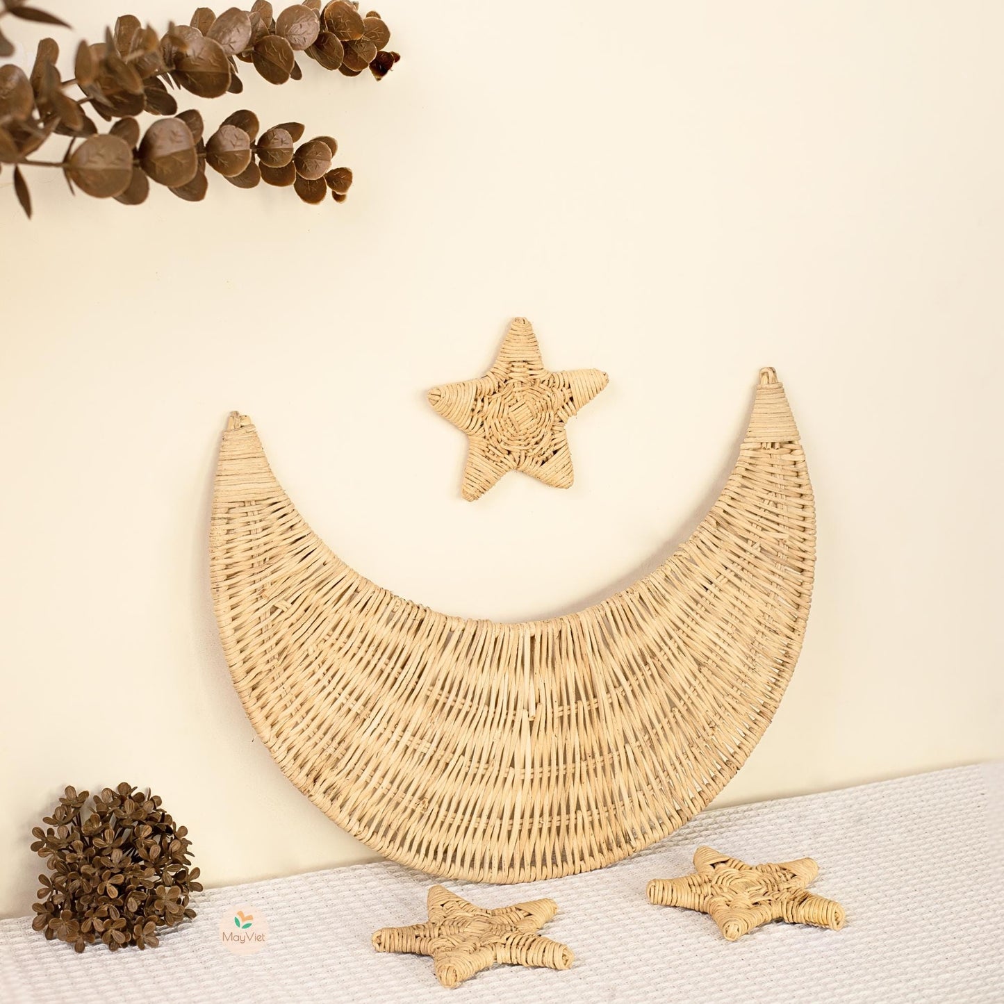 Rattan Wicker Moon and Star Wooden Beads Handmade Nursery Wall Art Decor