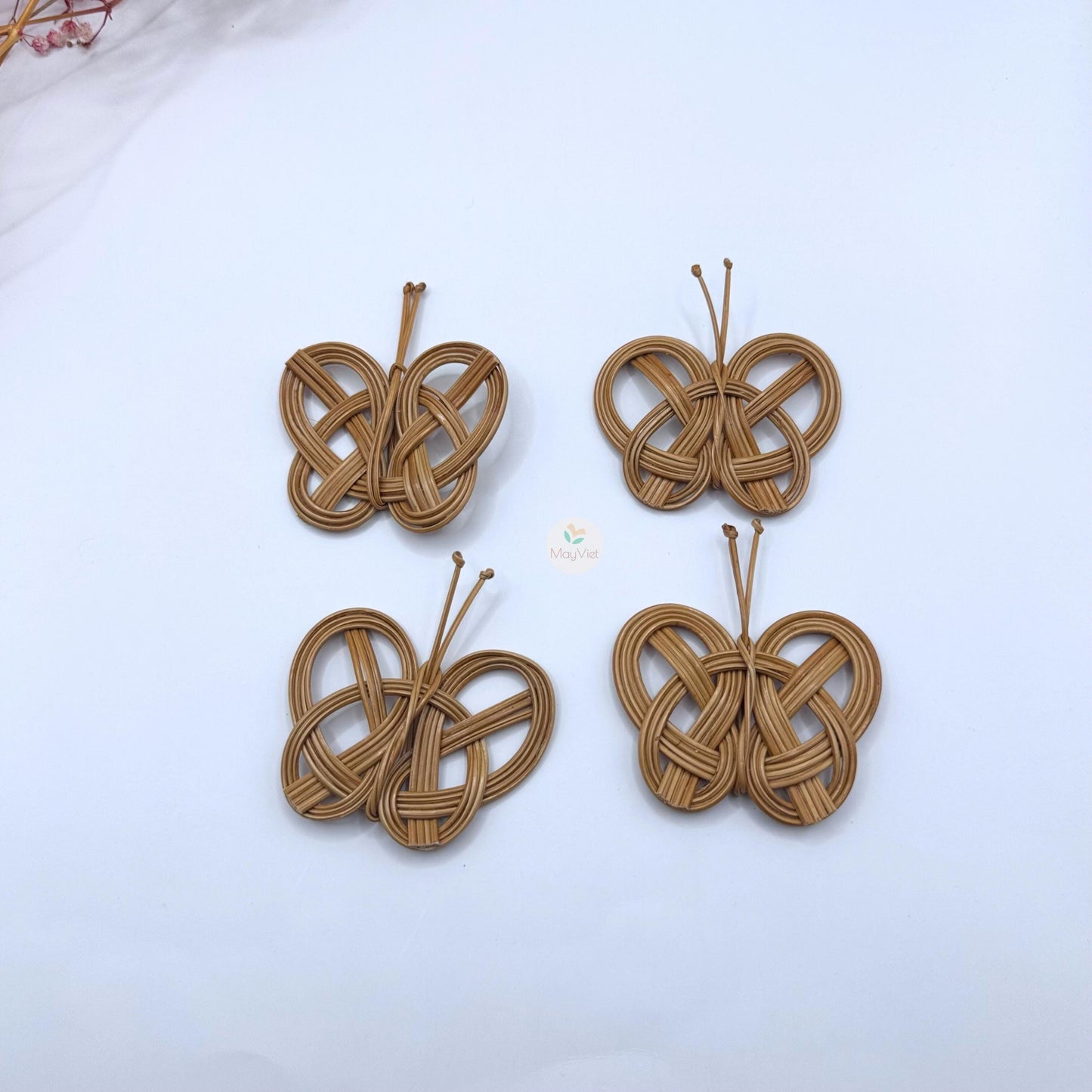 4 pcs Handwoven Natural Rattan Charms Boho Decor Brown Butterfly
