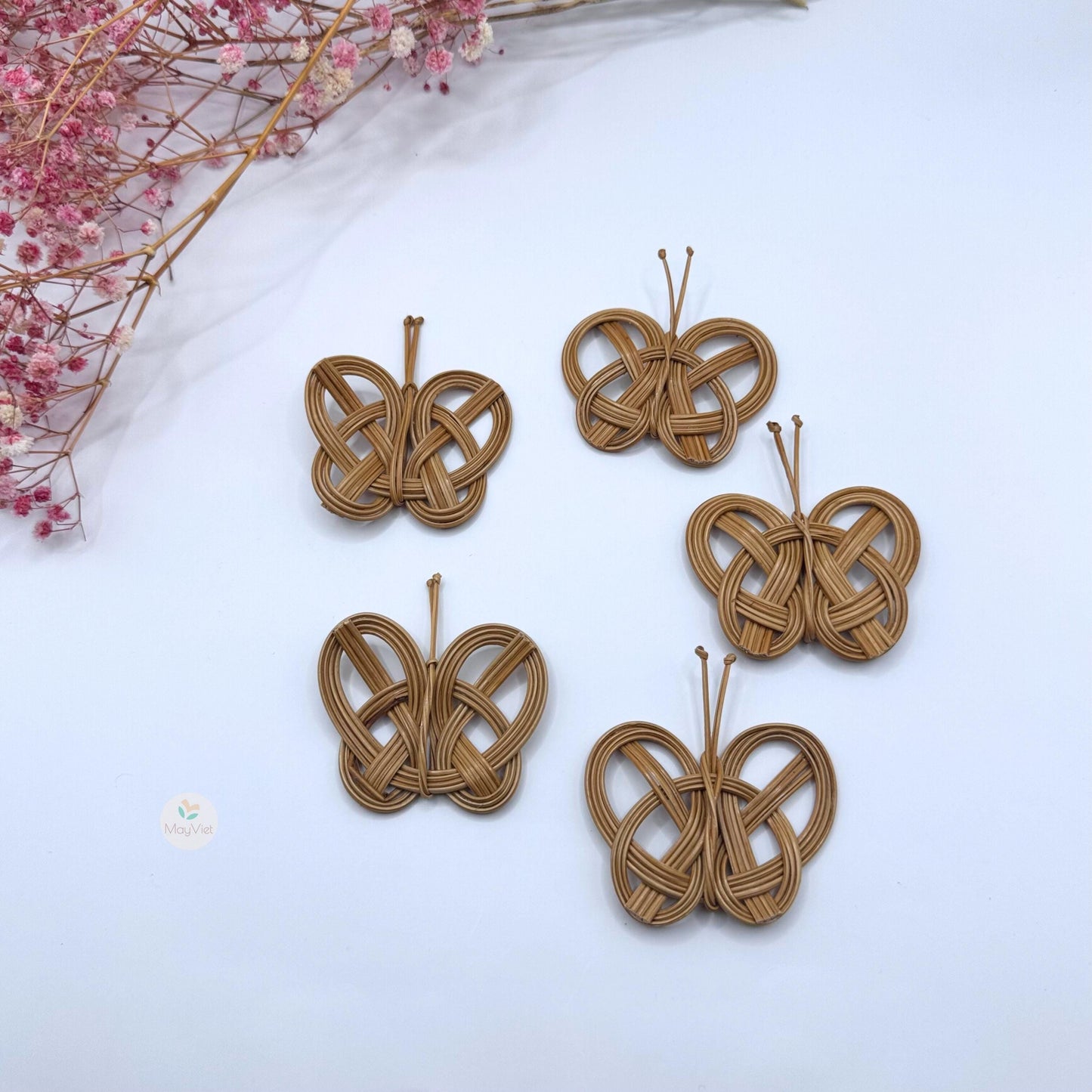 4 pcs Handwoven Natural Rattan Charms Boho Decor Brown Butterfly