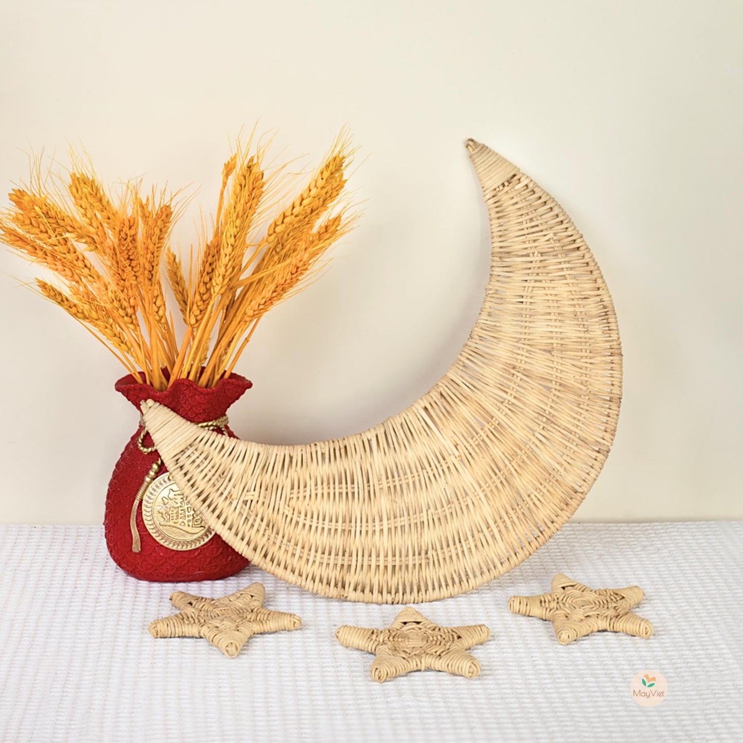 Rattan Wicker Moon and Star Wooden Beads Handmade Nursery Wall Art Decor