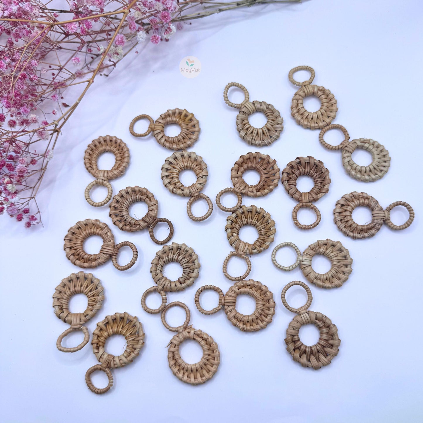 4 pcs Handwoven Natural Rattan Charms For Earrings Pendant, Boho Jewelry Brown Double Circle