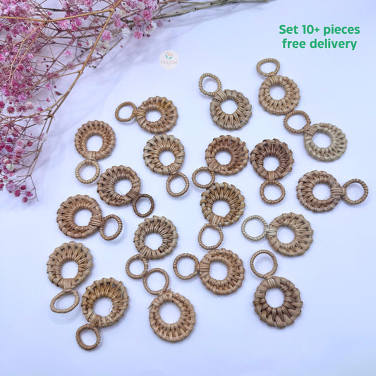 10+ pcs Handwoven Natural Rattan Charms For Earrings Pendant, Boho Jewelry Making Brown Double Circle