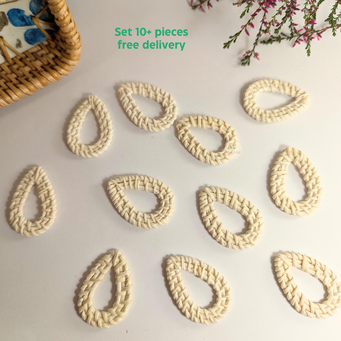 10+ Handwoven Natural Rattan Charms For Earrings, Boho Jewelry Making White Teardrop Shape