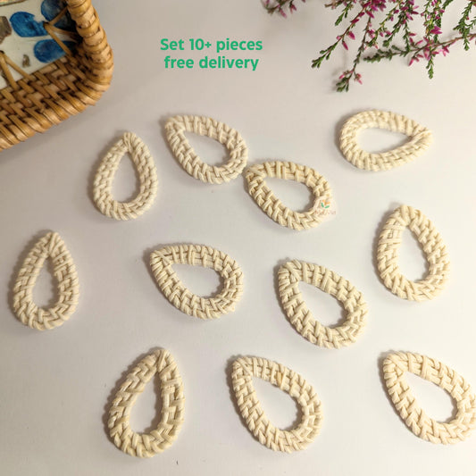 10+ Handwoven Natural Rattan Charms For Earrings, Boho Jewelry Making White Teardrop Shape