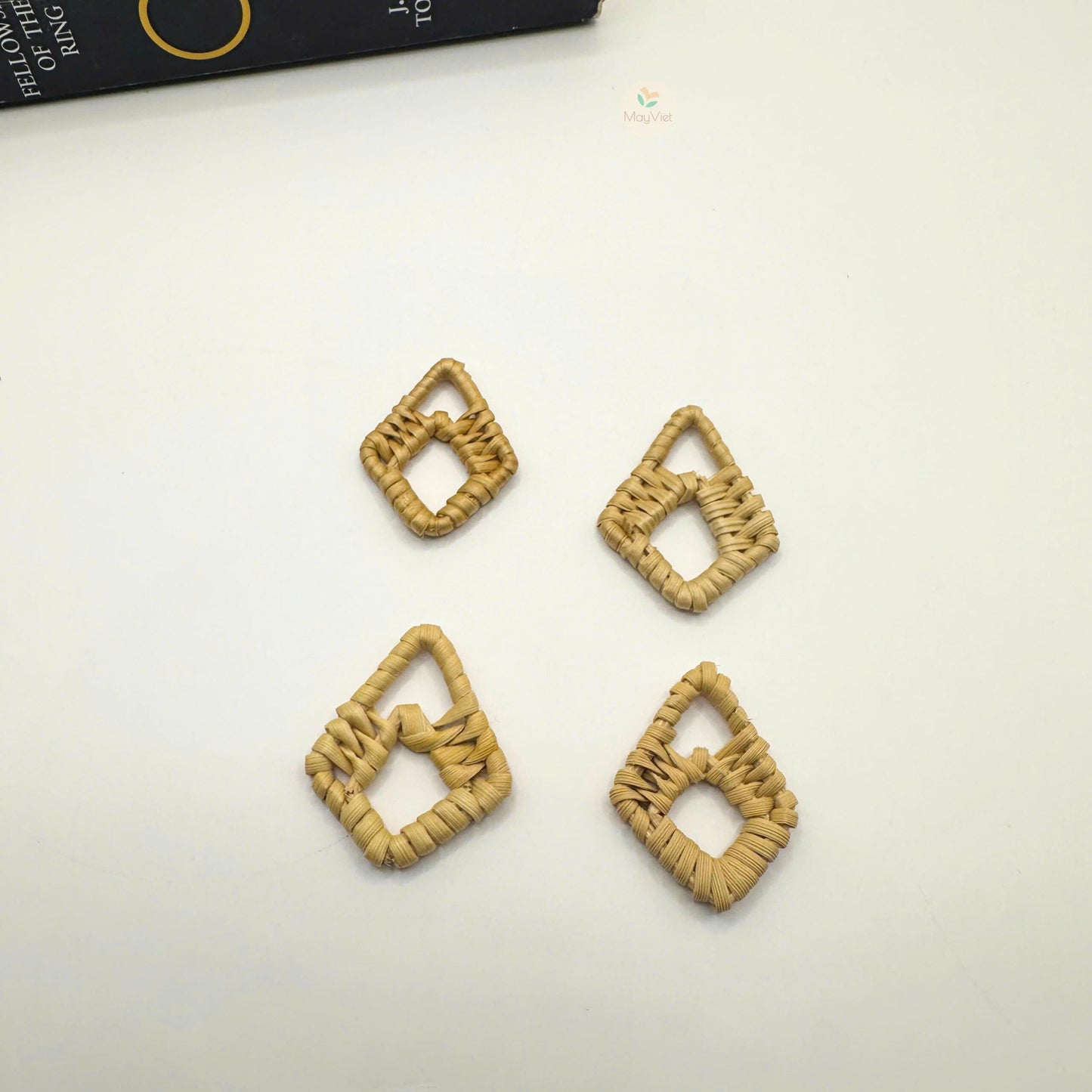 4 pcs Handwoven Natural Rattan Charms For Earrings Pendant, Boho Jewelry Brown Diamond Shape