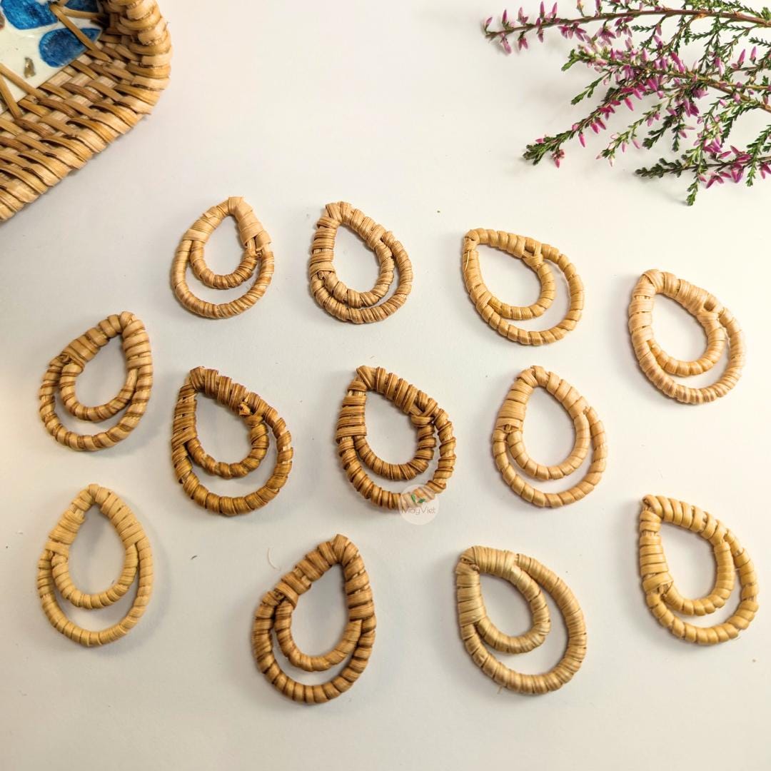 4 pcs Handwoven Natural Rattan Charms For Earrings, Boho Jewelry Brown Teardrop Shape