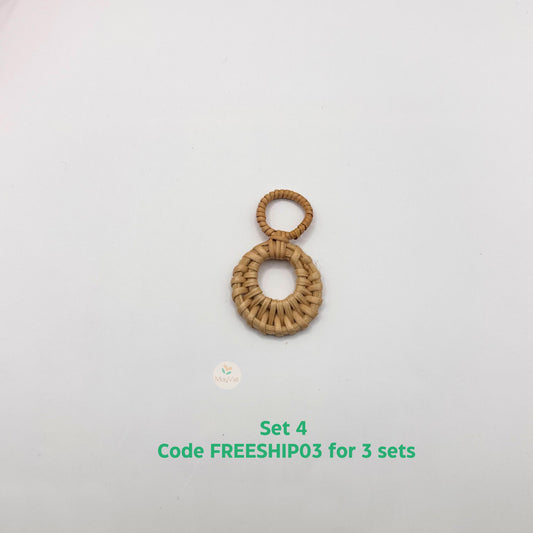 4 pcs Handwoven Natural Rattan Charms For Earrings Pendant, Boho Jewelry Brown Double Circle