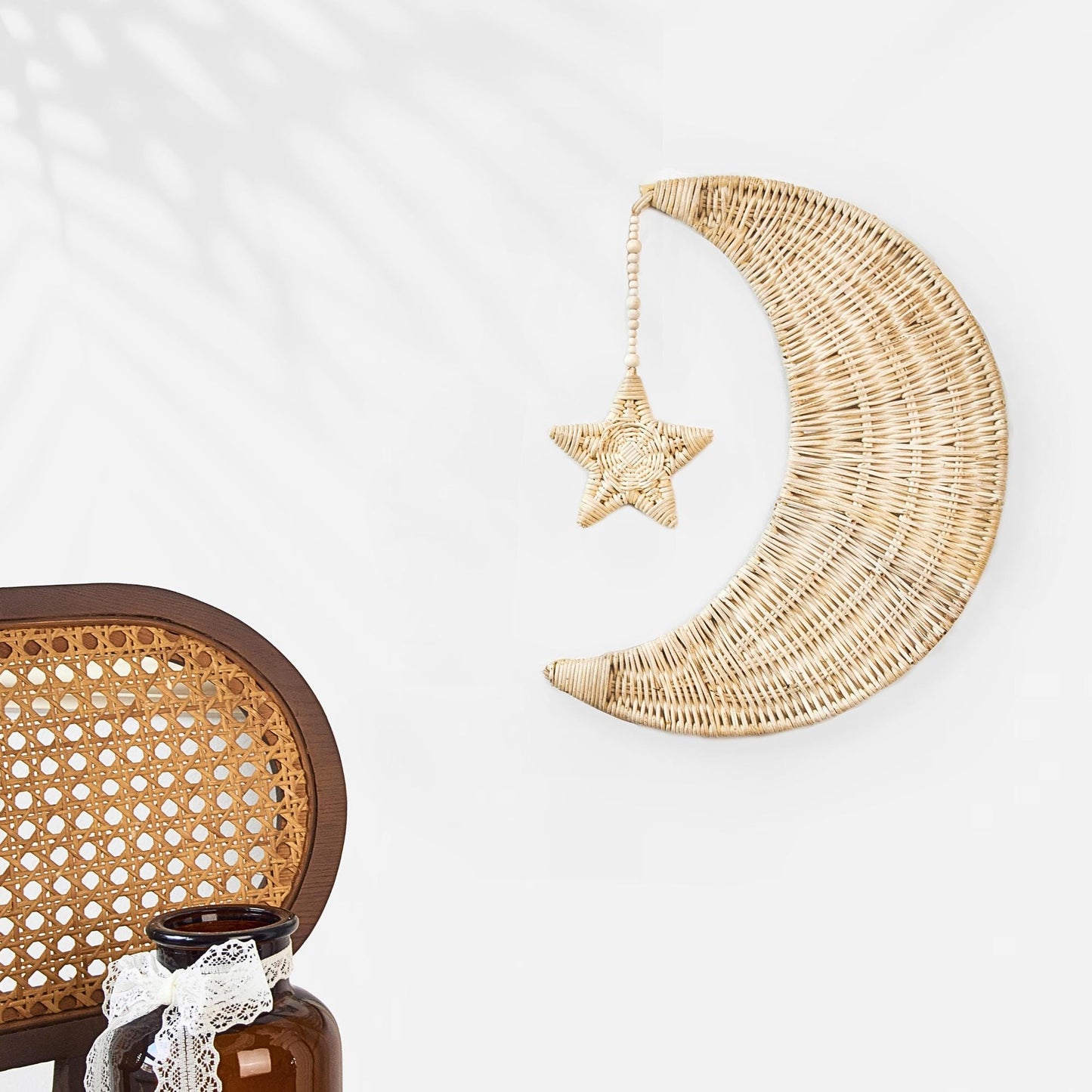Rattan Wicker Moon and Star Wooden Beads Handmade Nursery Wall Art Decor