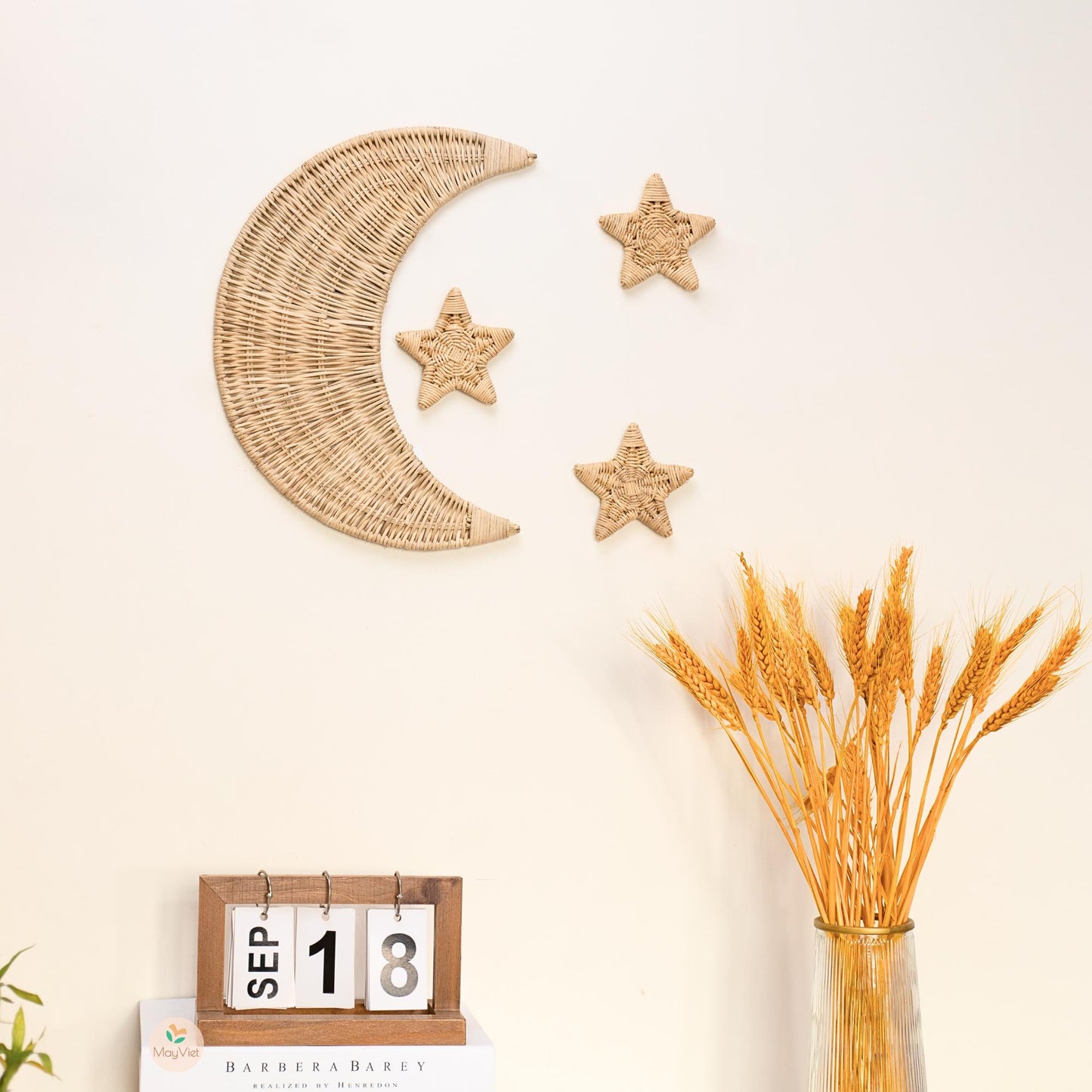 Rattan Wicker Moon and Star Wooden Beads Handmade Nursery Wall Art Decor