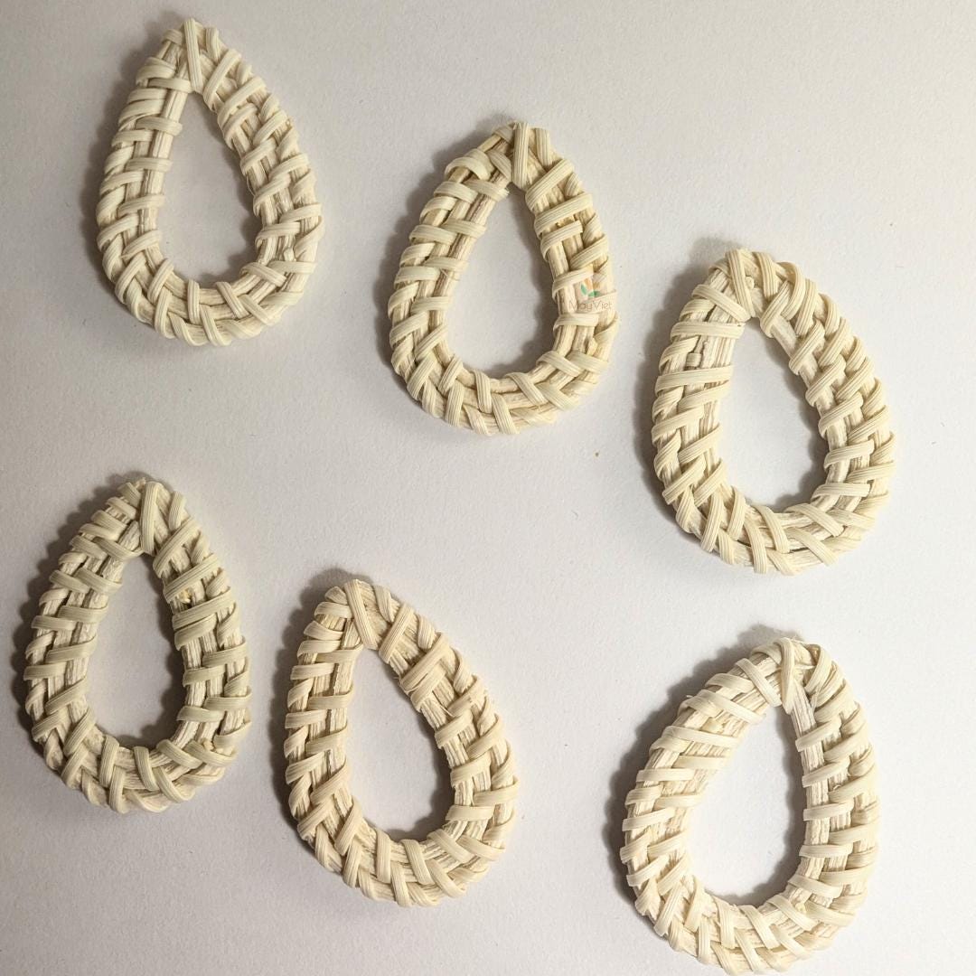 10+ Handwoven Natural Rattan Charms For Earrings, Boho Jewelry Making White Teardrop Shape