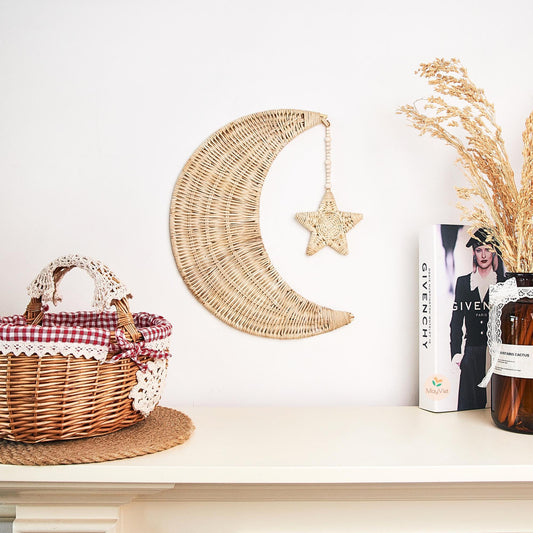 Rattan Wicker Moon and Star Wooden Beads Handmade Nursery Wall Art Decor