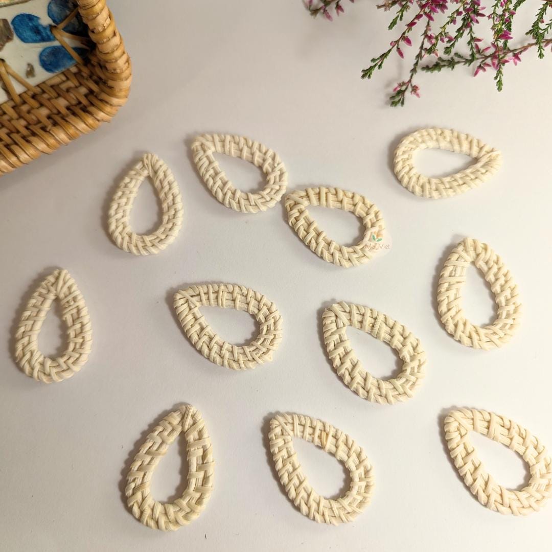 4 pcs Handwoven Natural Rattan Charms For Earrings, Boho Jewelry White Teardrop Shape