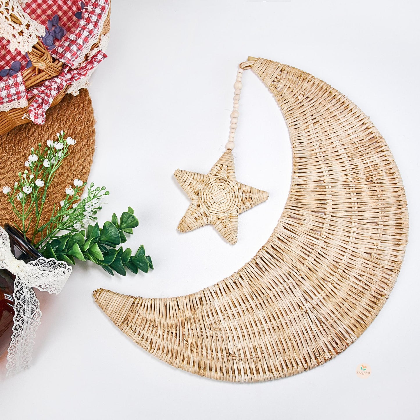 Rattan Wicker Moon and Star Wooden Beads Handmade Nursery Wall Art Decor