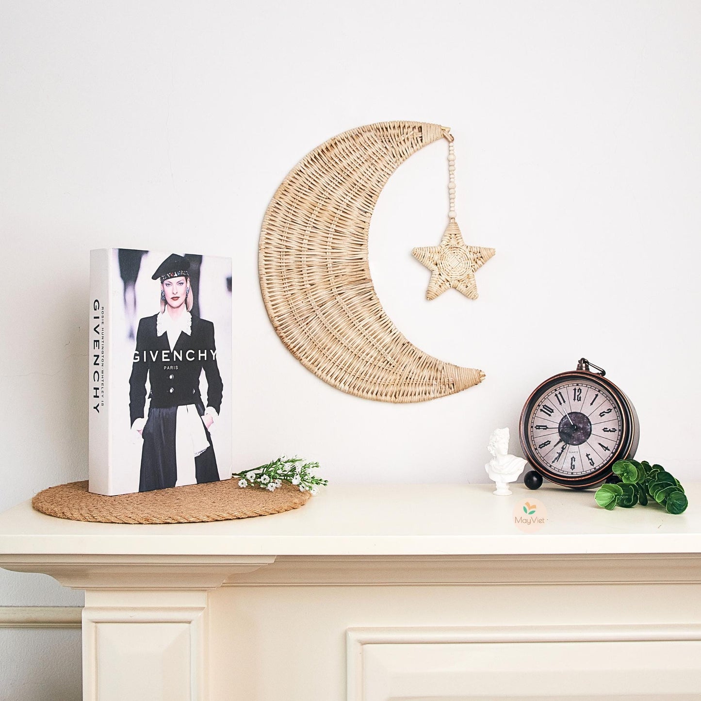 Rattan Wicker Moon and Star Wooden Beads Handmade Nursery Wall Art Decor