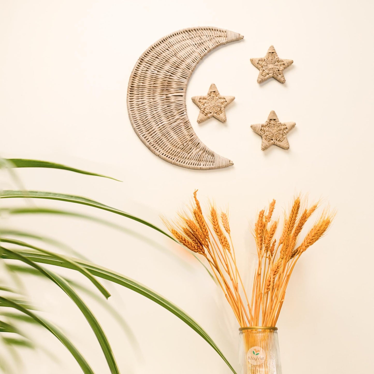 Rattan Wicker Moon and Star Wooden Beads Handmade Nursery Wall Art Decor