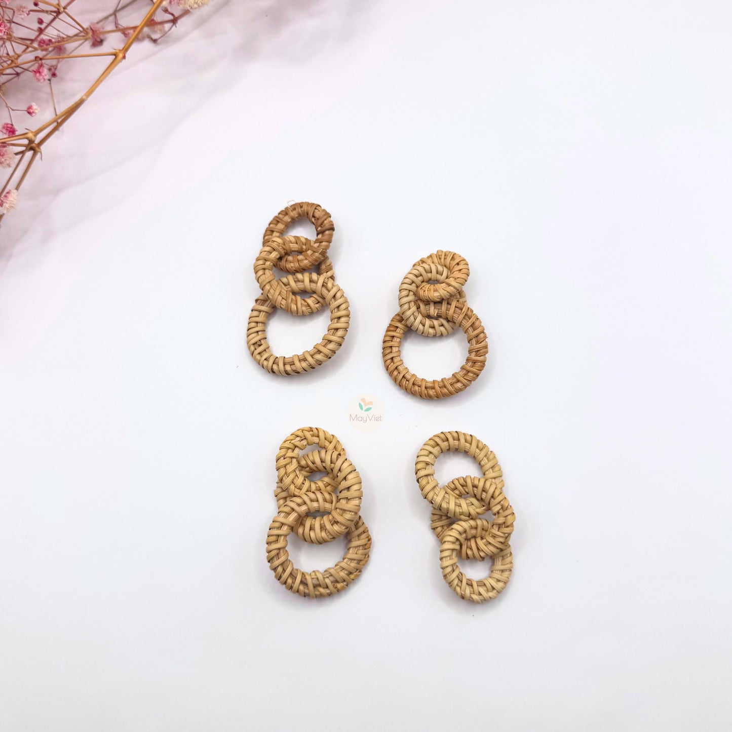 4 pcs Handwoven Natural Rattan Charms For Earrings Pendant, Boho Jewelry 3 Circles