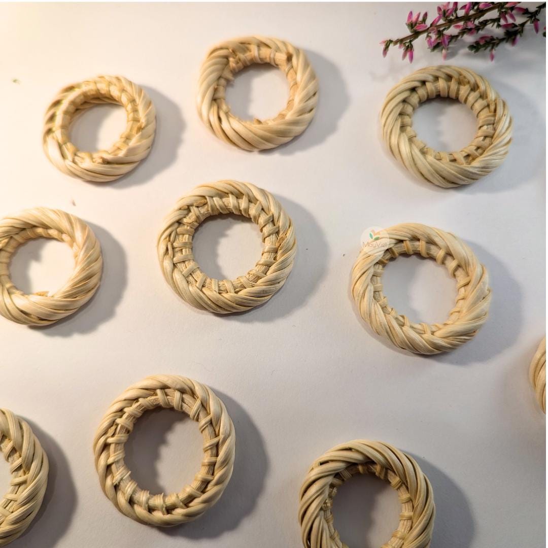 4 pcs Handwoven Natural Rattan Charms For Earrings, Boho Jewelry White Round Shape