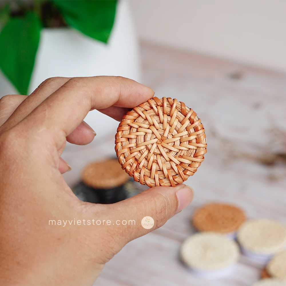 Handwoven rattan phone stand, phone holder, and pop socket in a minimalist design. Perfect for adding a touch of bohemian style to your home or office, or for using on the go.