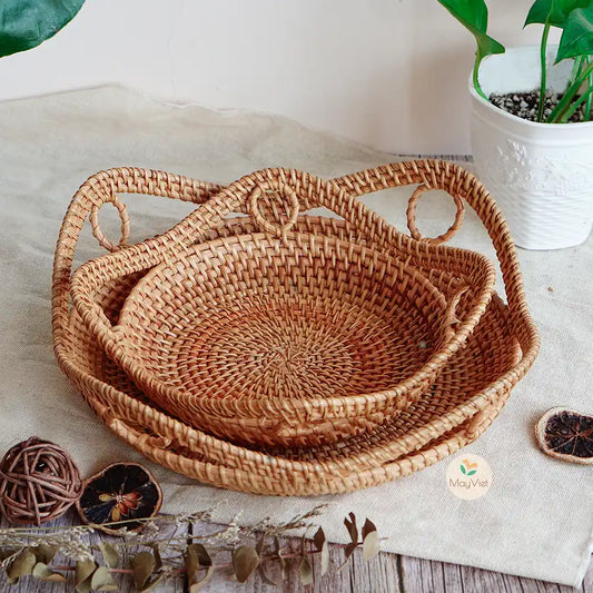 Decorative Stackable Round Rattan Wicker Basket Tray