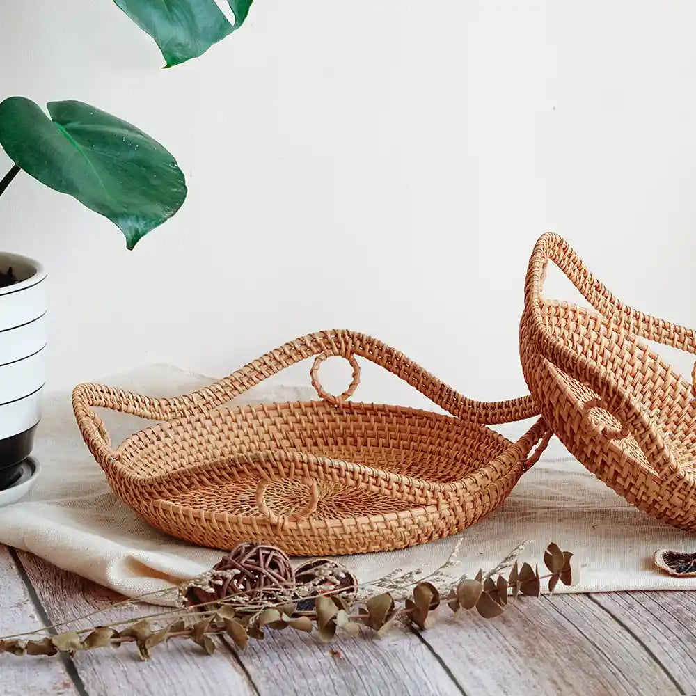 Decorative Stackable Round Rattan Wicker Basket Tray