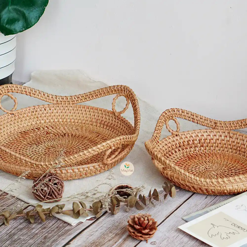 Decorative Stackable Round Rattan Wicker Basket Tray