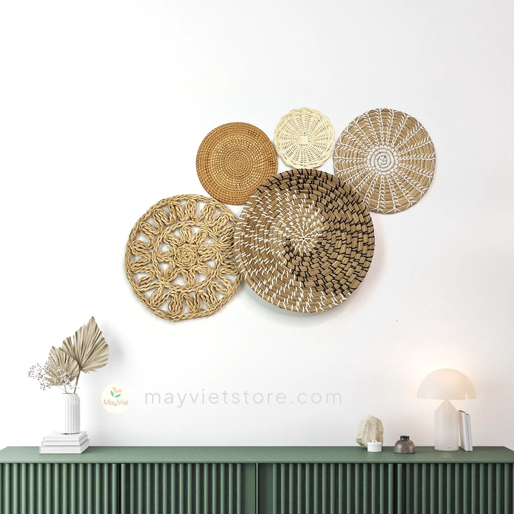 Set of 5 Handwoven Rattan Basket, Wall Hanging Decor