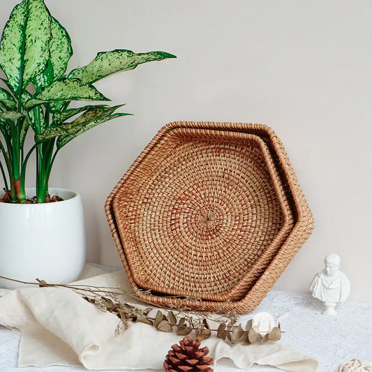 Rattan Wicker Serving Tray Hexagonal