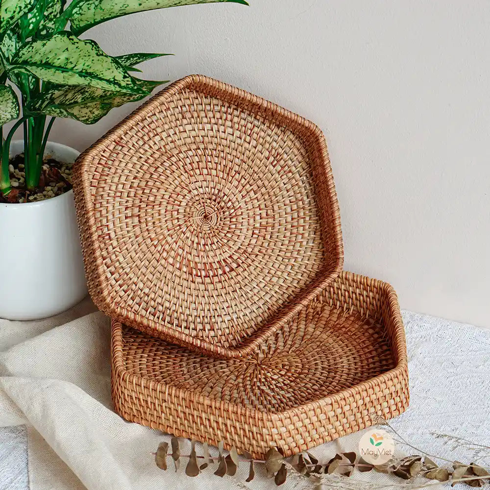 Rattan Wicker Serving Tray Hexagonal