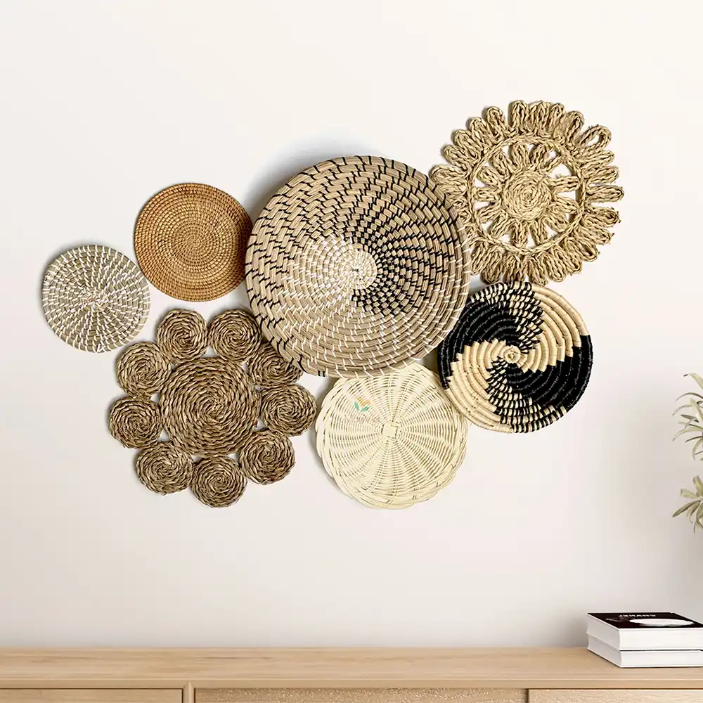 MayViet Handwoven Rattan Basket Wall Hanging Decor Set of 7-0