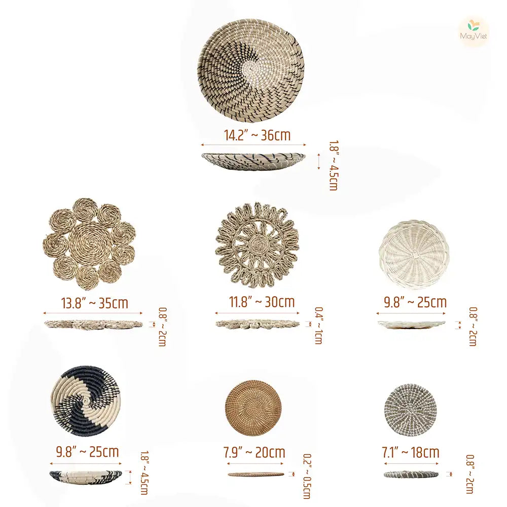 MayViet Handwoven Rattan Basket Wall Hanging Decor Set of 7-0