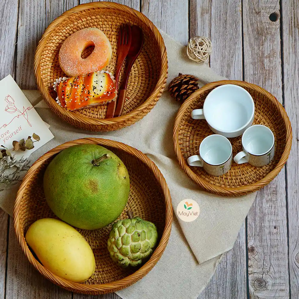Set of 3 Rattan Round Basket Bowl