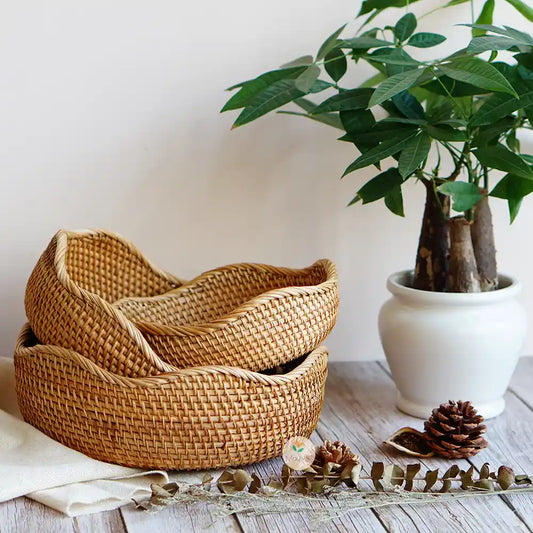 Rattan Wicker Round Basket Bowl Wavy Edge