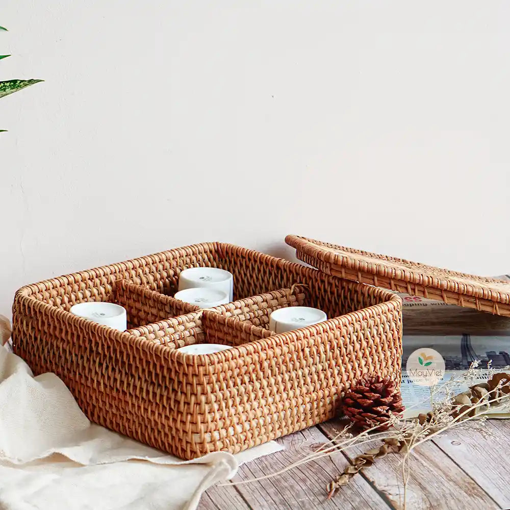 Wicker Rattan 4 Compartment Basket with Lid