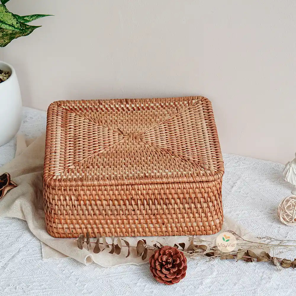 Wicker Rattan 4 Compartment Basket with Lid
