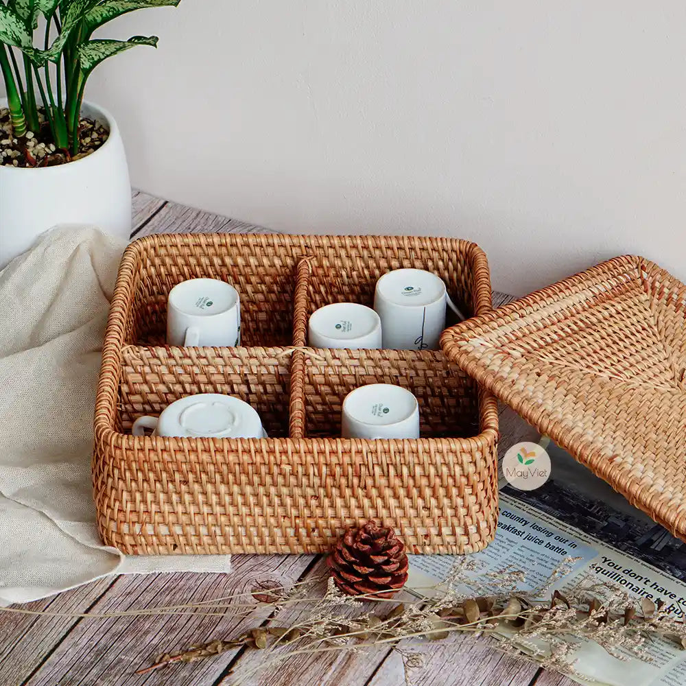 Wicker Rattan 4 Compartment Basket with Lid