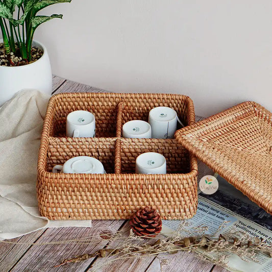 Wicker Rattan 4 Compartment Basket with Lid