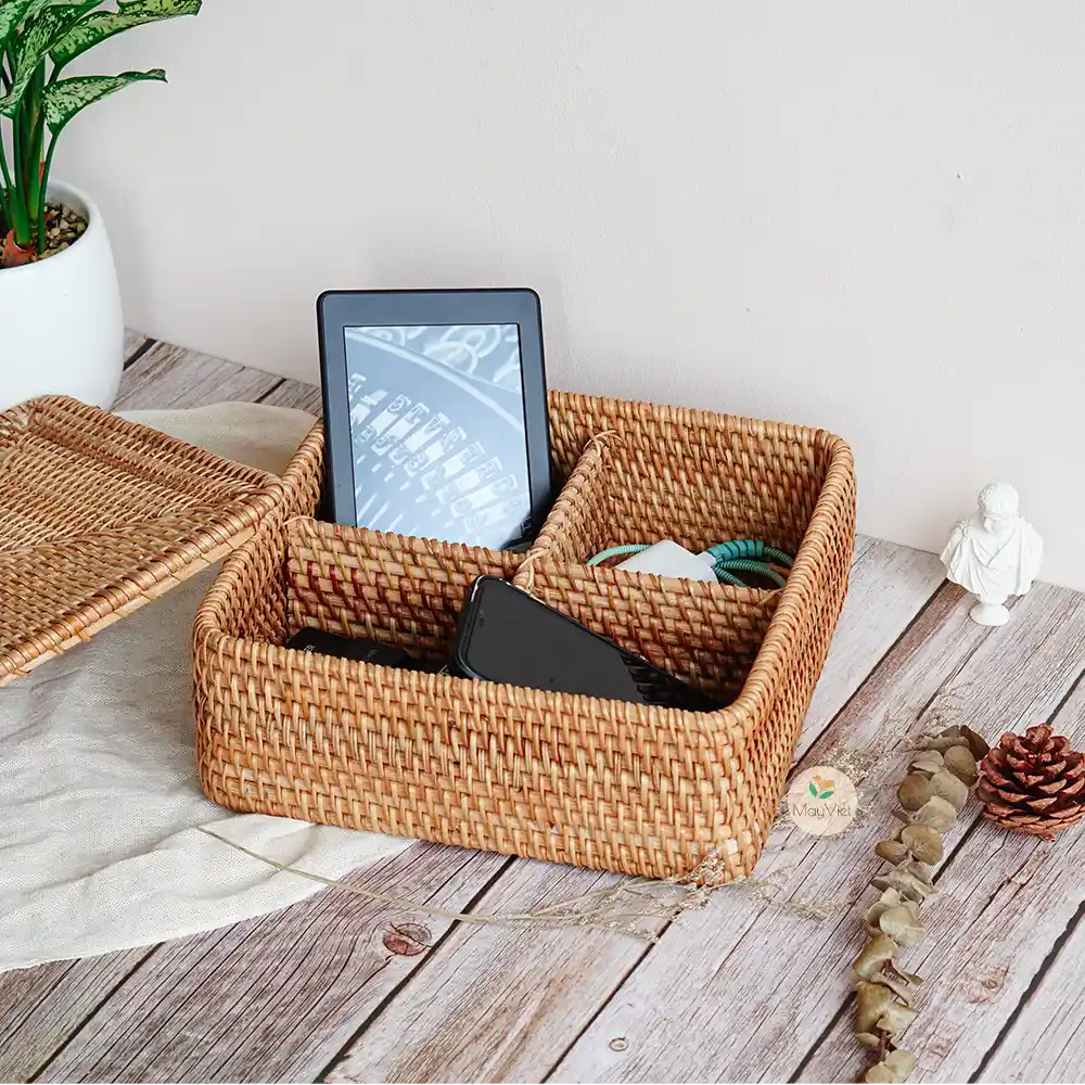Wicker Rattan 4 Compartment Basket with Lid