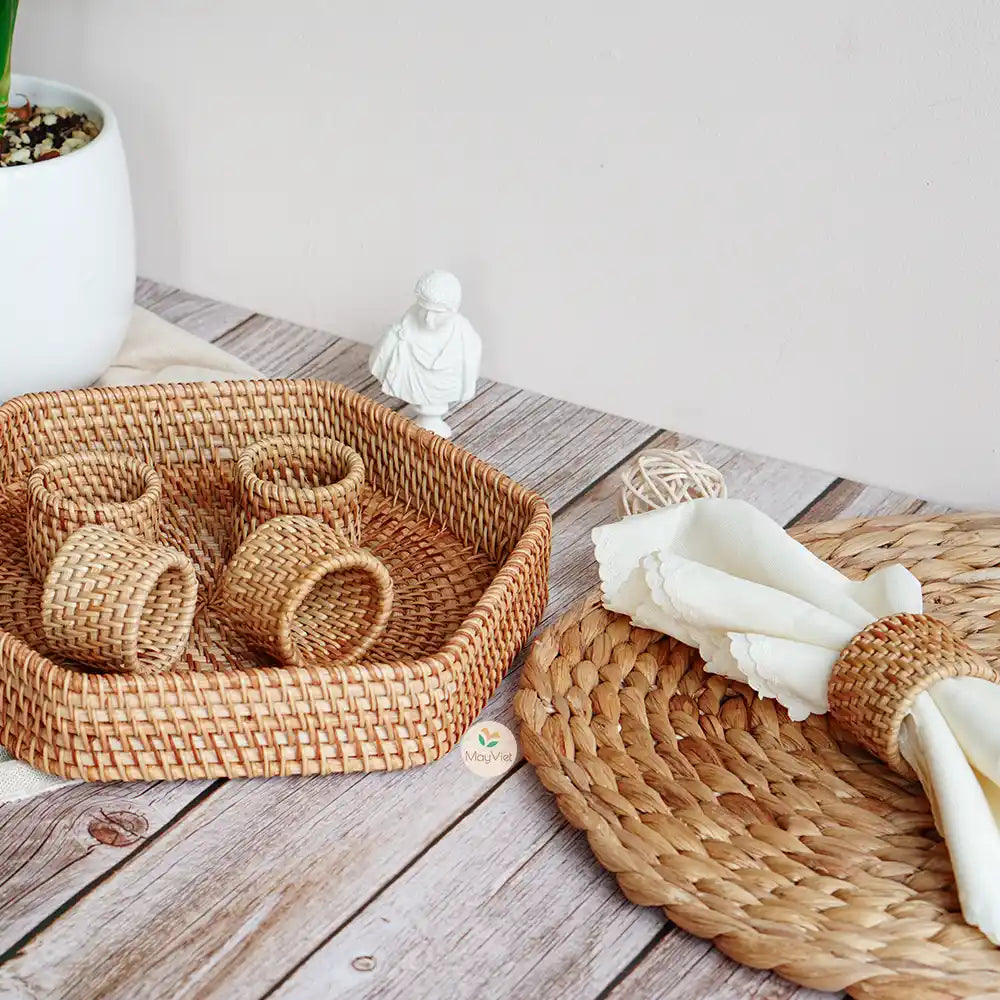 Set of 5 Rustic Round Handwoven Rattan Napkin Ring Holder