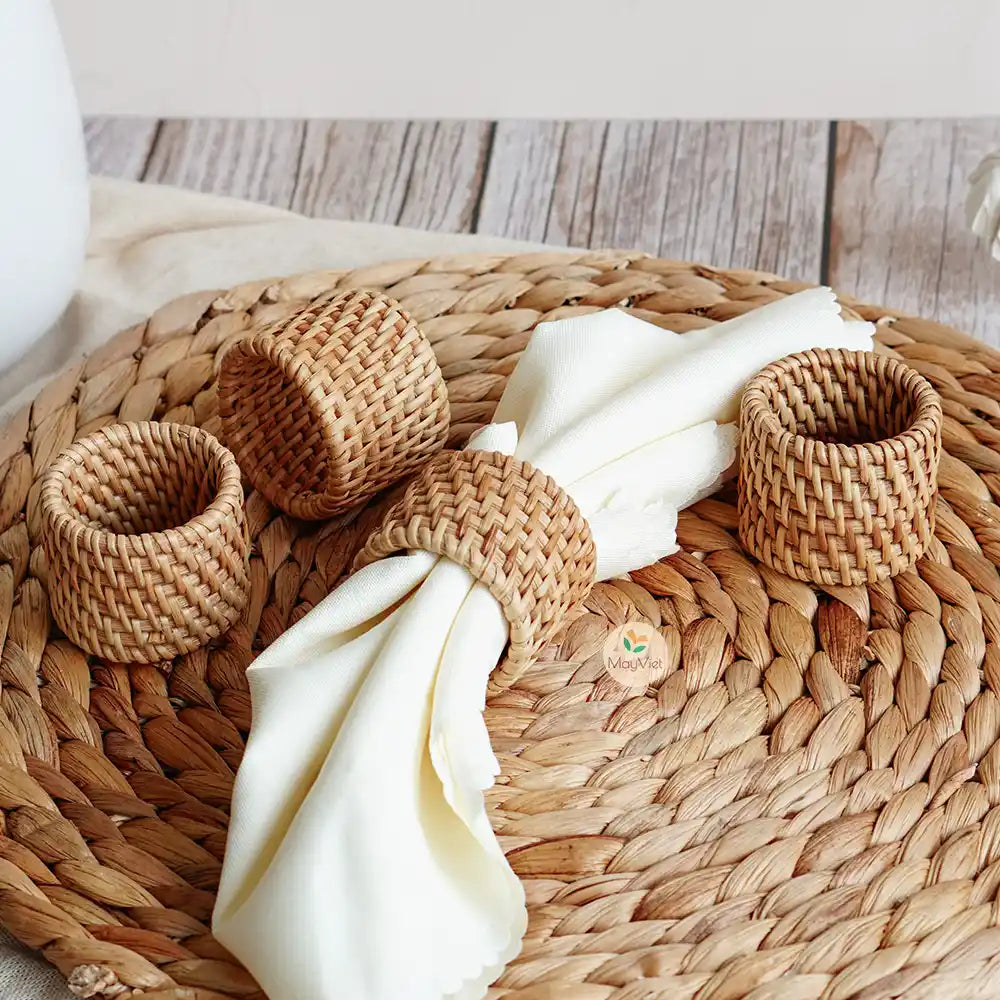 Set of 5 Rustic Round Handwoven Rattan Napkin Ring Holder