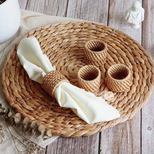 Set of 5 Rustic Round Handwoven Rattan Napkin Ring Holder