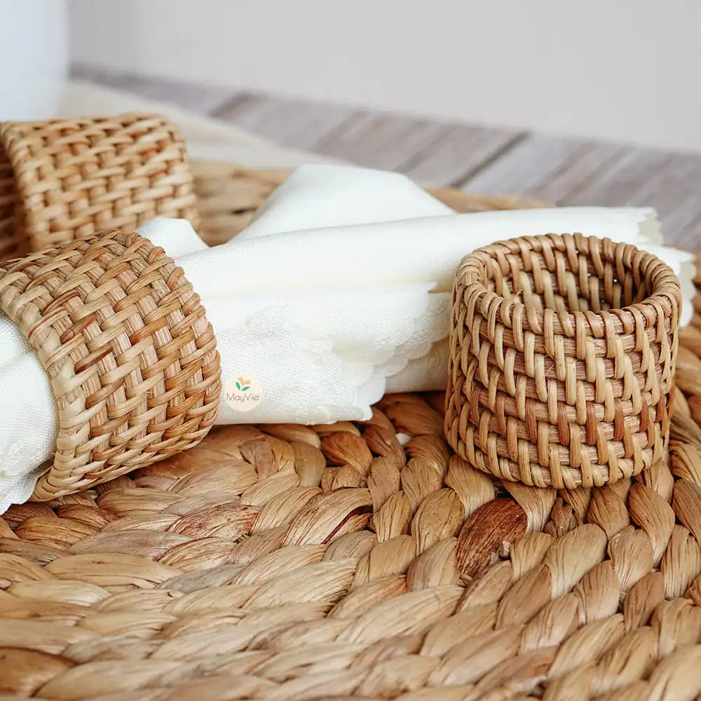 Set of 5 Rustic Round Handwoven Rattan Napkin Ring Holder