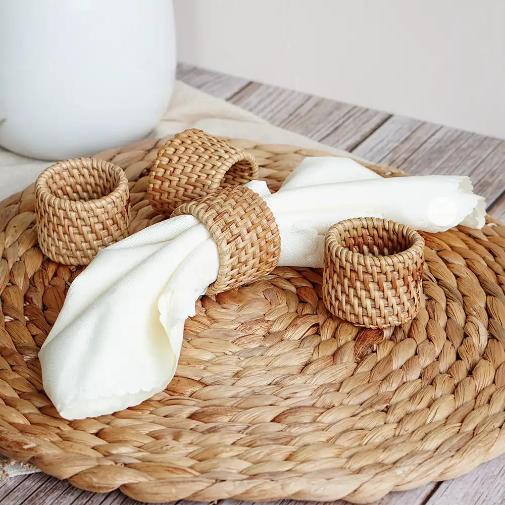 Set of 5 Rustic Round Handwoven Rattan Napkin Ring Holder