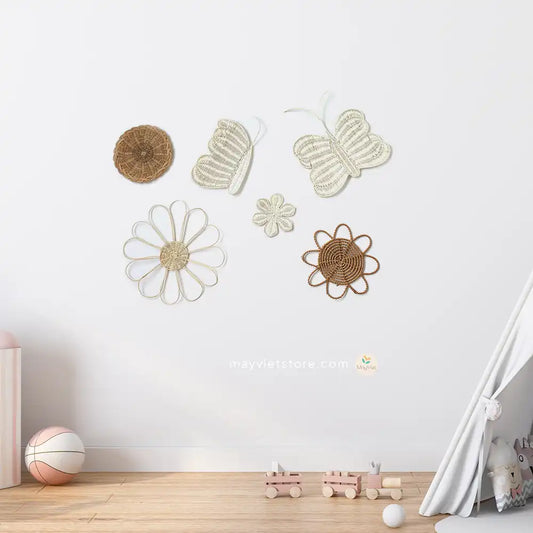 MayViet Set of 6 Nursery Handmade Rattan Wicker Wall Art Decor, Flower Sun Butterfly Basket Shape-2