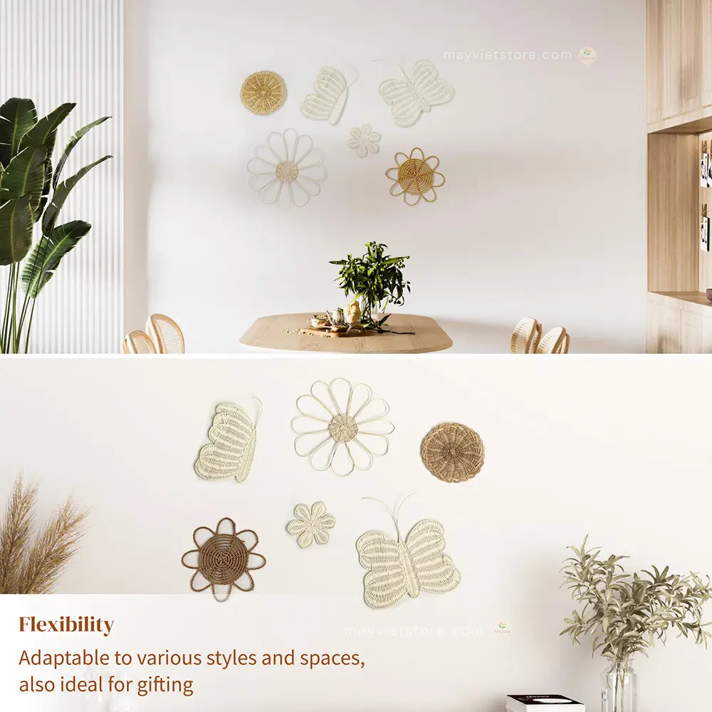 MayViet Set of 6 Nursery Handmade Rattan Wicker Wall Art Decor, Flower Sun Butterfly Basket Shape-2