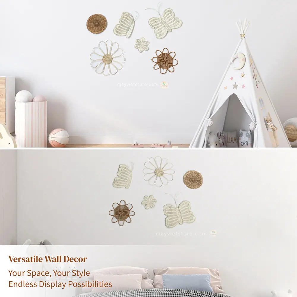 MayViet Set of 6 Nursery Handmade Rattan Wicker Wall Art Decor, Flower Sun Butterfly Basket Shape-2