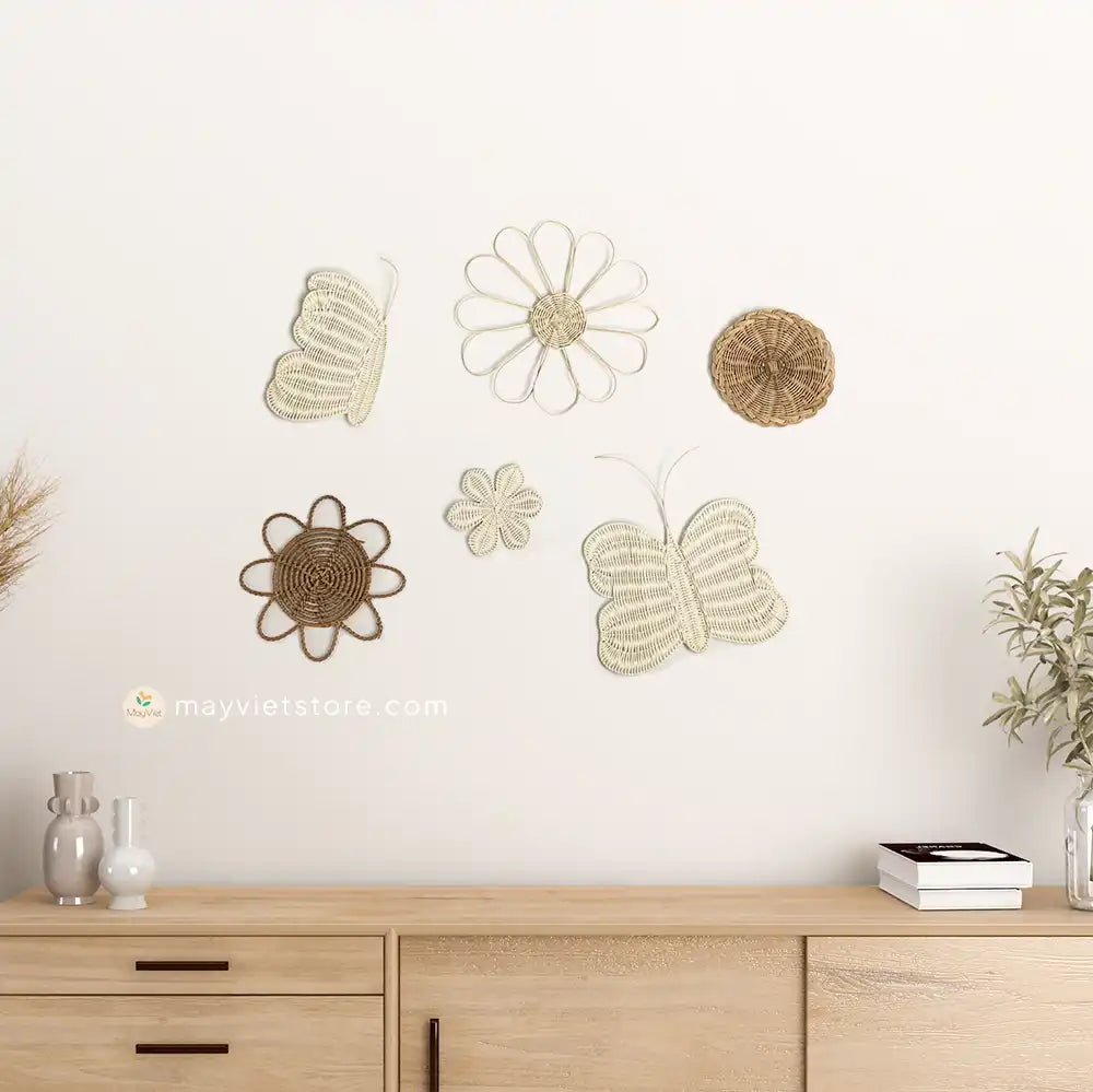 MayViet Set of 6 Nursery Handmade Rattan Wicker Wall Art Decor, Flower Sun Butterfly Basket Shape-2